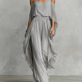 Szürke off-shoulder, laza camisole és nadrág chiffon szett