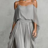 Szürke off-shoulder, laza camisole és nadrág chiffon szett