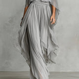 Szürke off-shoulder, laza camisole és nadrág chiffon szett