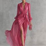 Rózsaszín Chiffon Ruha V-Kivágással