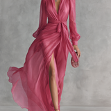 Rózsaszín Chiffon Ruha V-Kivágással