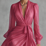Rózsaszín Chiffon Ruha V-Kivágással