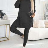 Divatos Egyszínű Kapucnis Pulóver és Bélelt Leggings Két Darabos Szett