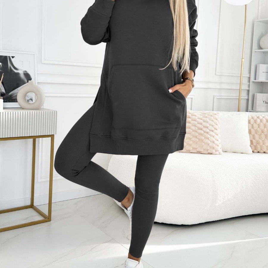 Divatos Egyszínű Kapucnis Pulóver és Bélelt Leggings Két Darabos Szett