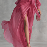 Rózsaszín Chiffon Ruha V-Kivágással