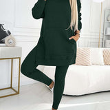 Divatos Egyszínű Kapucnis Pulóver és Bélelt Leggings Két Darabos Szett