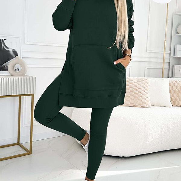 Divatos Egyszínű Kapucnis Pulóver és Bélelt Leggings Két Darabos Szett