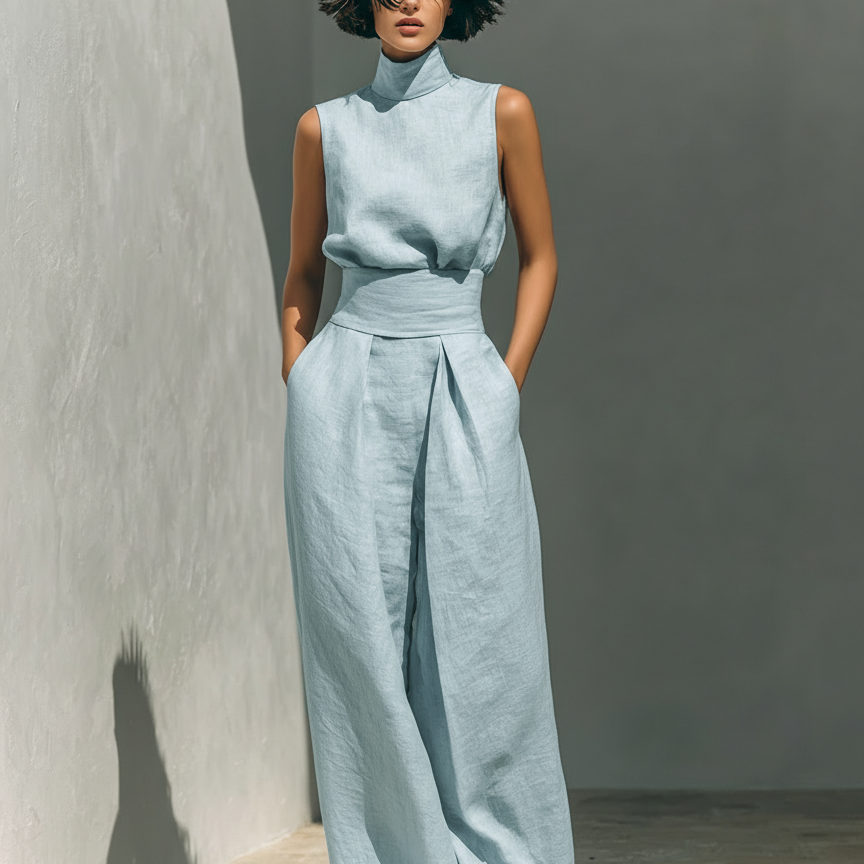 Maria - Minimalista női pamut és vászon top és bő nadrág szett