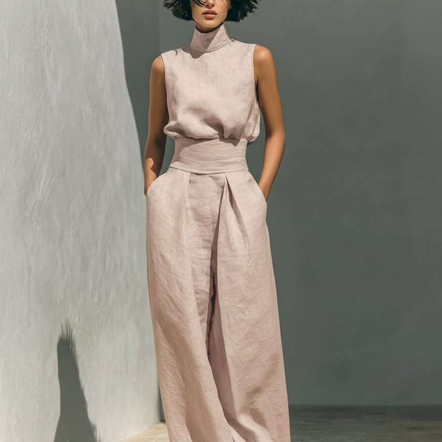 Maria - Minimalista női pamut és vászon top és bő nadrág szett