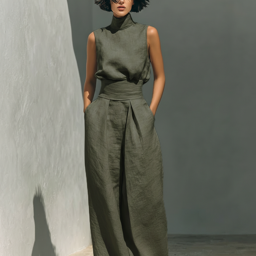 Maria - Minimalista női pamut és vászon top és bő nadrág szett
