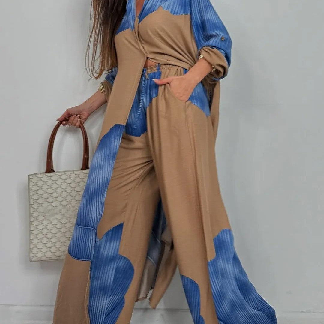 Női V-nyakú Patchwork Felső és Nadrág Kényelmes Szett