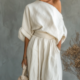 Krémfehér Vászon Off-shoulder Laza Napi Felső és Szűkített Nadrág Szett