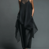 Fekete Minimalista Mű Acetát Szál Slip Ruha Chiffon Fedező Hosszú Ruha Két Részes Szett