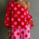 Retro Rózsaszín Pöttyös Off-shoulder Felső és Széles Szárú Nadrág Két Részes Szett