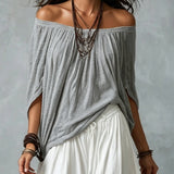 Szürke Off-shoulder Top és Fehér Laza Fitű Lámpás Nadrág Szett