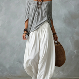 Szürke Off-shoulder Top és Fehér Laza Fitű Lámpás Nadrág Szett