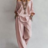 Casual Off-shoulder Top és Széles Szárú Nadrág Szett