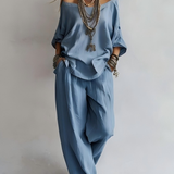 Casual Off-shoulder Top és Széles Szárú Nadrág Szett