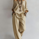Casual Off-shoulder Top és Széles Szárú Nadrág Szett