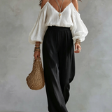 Fehér Off-the-shoulder Ujjú Top és Fekete Széles Szárú Nadrág Szett