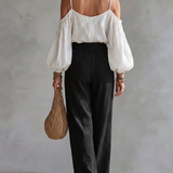 Fehér Off-the-shoulder Ujjú Top és Fekete Széles Szárú Nadrág Szett
