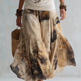 Off-white Draped Neckline Top And Khaki Printed Chiffon Skirt Set