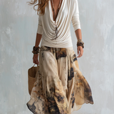 Off-white Draped Neckline Top And Khaki Printed Chiffon Skirt Set