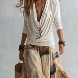 Off-white Draped Neckline Top And Khaki Printed Chiffon Skirt Set