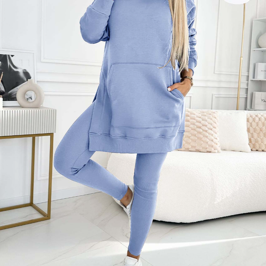Divatos Egyszínű Kapucnis Pulóver és Bélelt Leggings Két Darabos Szett
