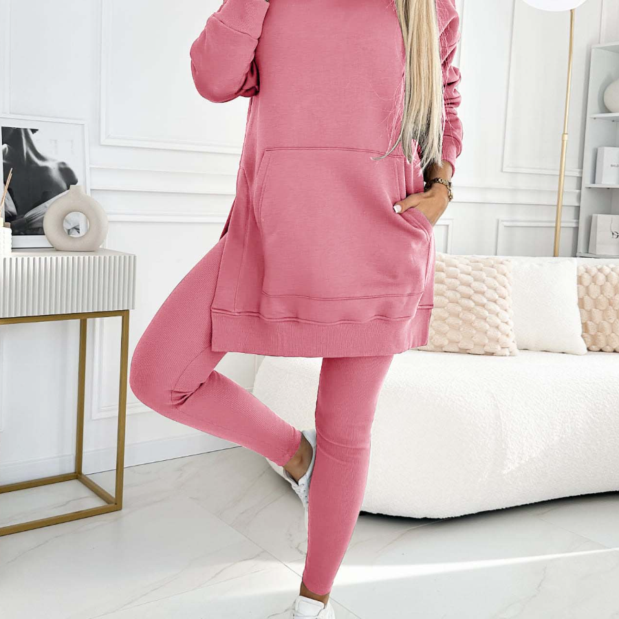 Divatos Egyszínű Kapucnis Pulóver és Bélelt Leggings Két Darabos Szett