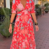 Anna - Elegáns Virágmintás V-nyakú Ruha