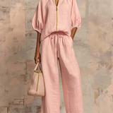 Casual Loose Solid Color Zipper Round Neck Wide-Leg Pants Set