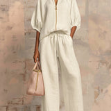 Casual Loose Solid Color Zipper Round Neck Wide-Leg Pants Set