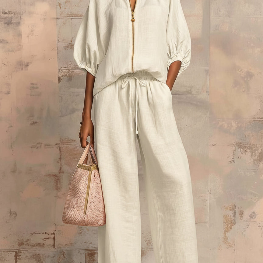 Casual Loose Solid Color Zipper Round Neck Wide-Leg Pants Set