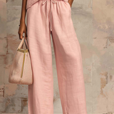 Casual Loose Solid Color Zipper Round Neck Wide-Leg Pants Set