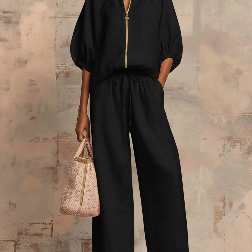 Casual Loose Solid Color Zipper Round Neck Wide-Leg Pants Set