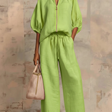 Casual Loose Solid Color Zipper Round Neck Wide-Leg Pants Set