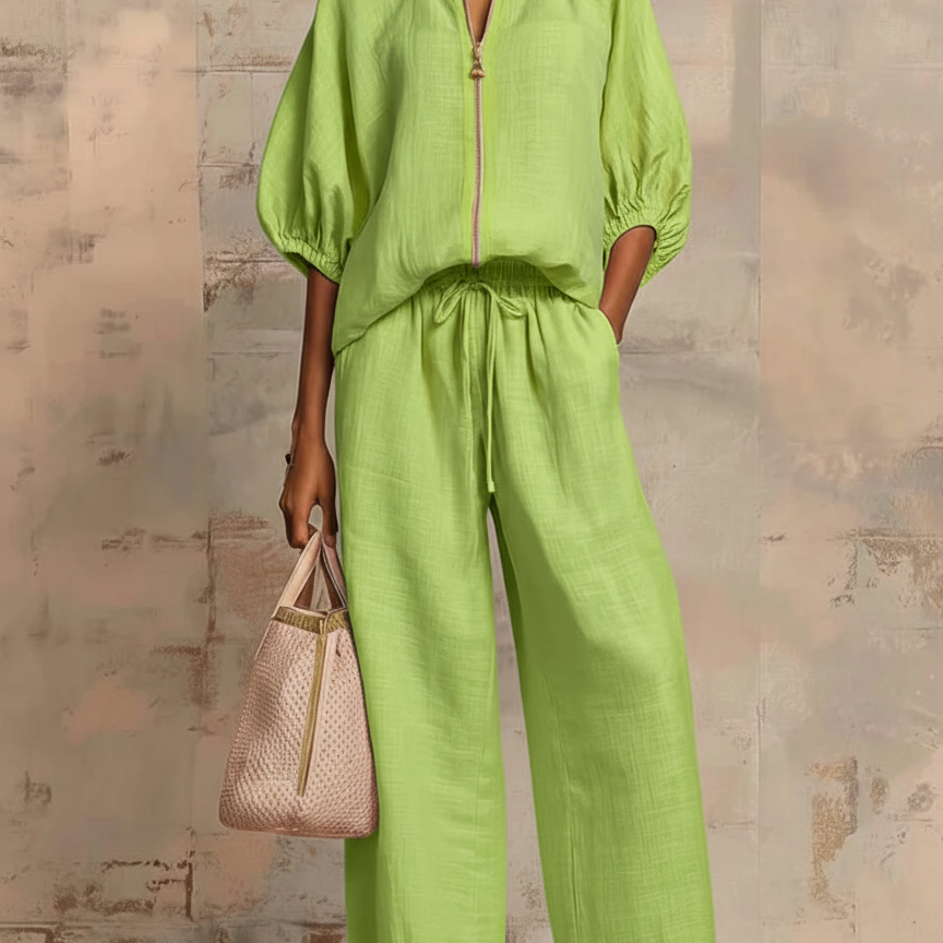 Casual Loose Solid Color Zipper Round Neck Wide-Leg Pants Set