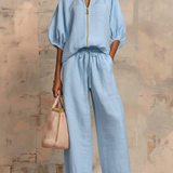 Casual Loose Solid Color Zipper Round Neck Wide-Leg Pants Set