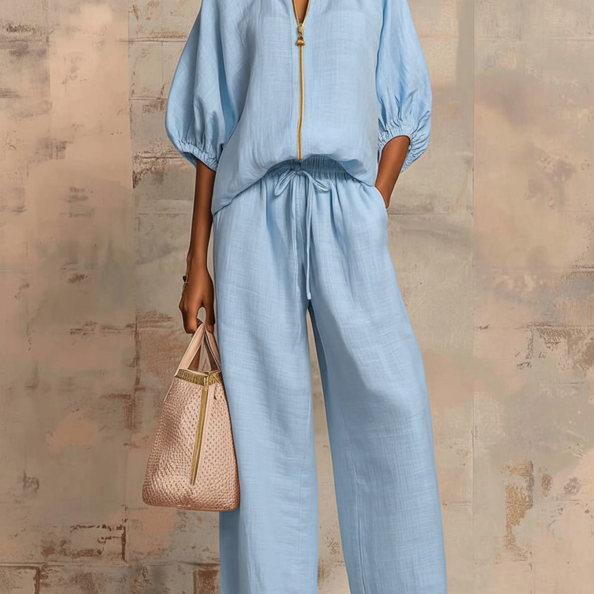 Casual Loose Solid Color Zipper Round Neck Wide-Leg Pants Set